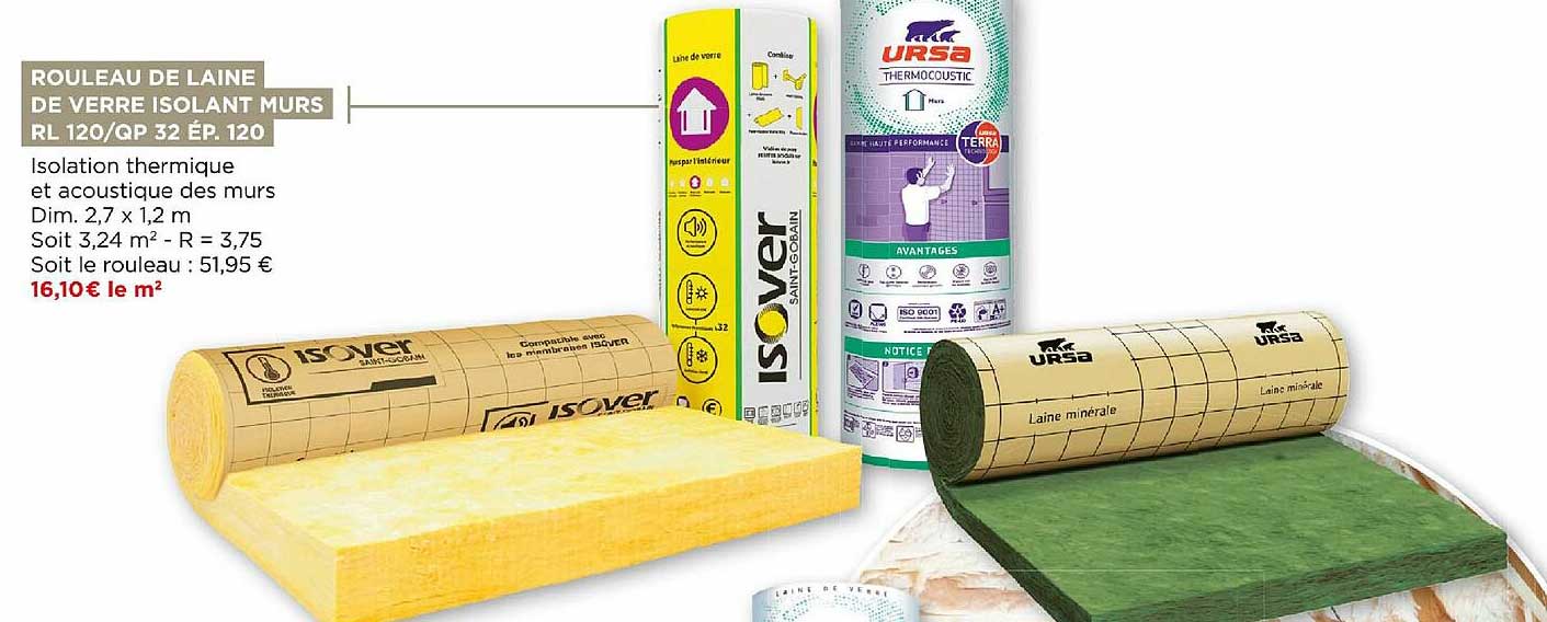 rouleau de laine de verre isolant murs rl 120.qp 32 ép. 120