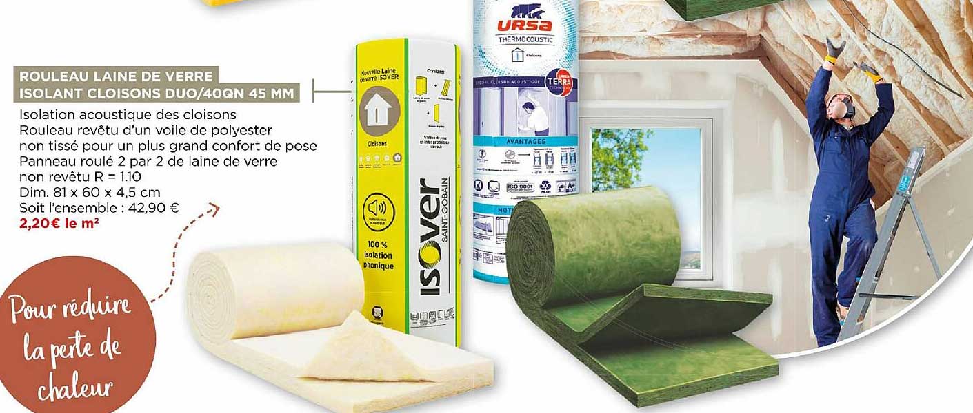 rouleau laine de verre isolant cloisons duo 40qn 45 mm