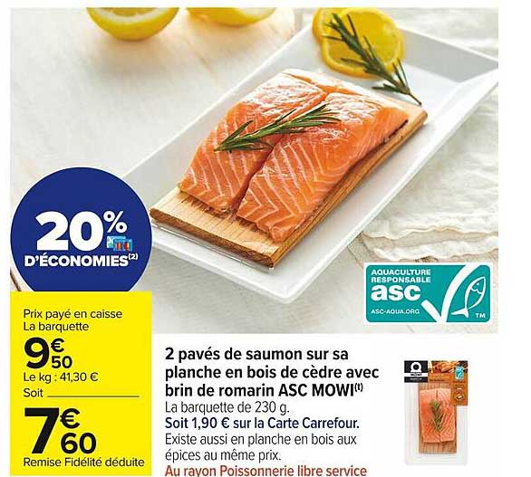 2 pavés de saumon sur sa planche en bois de cèdre avec brin de romarin asc mowi