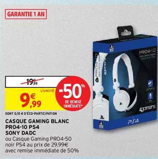 casque gaming blanc pro4-10 ps4 sony dadc