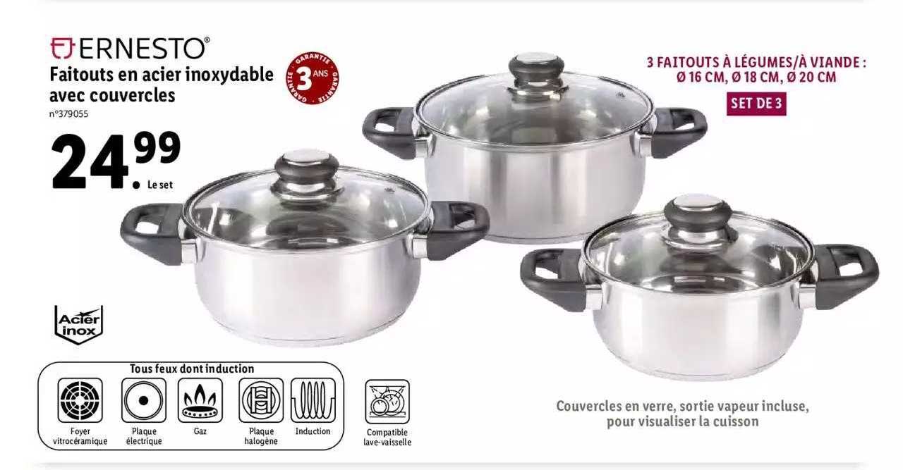 faitouts en acier inoxydable avec couvercles ernesto