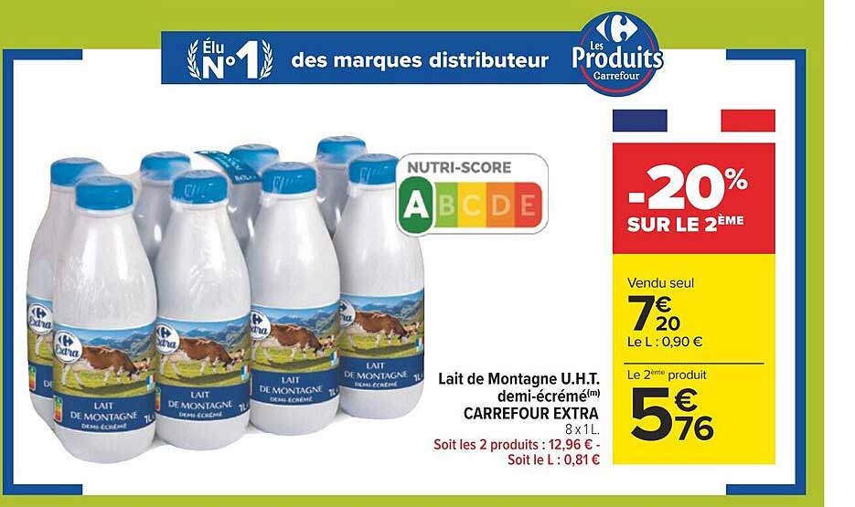lait de montagne u.h.t. demi-écrémé carrefour extra