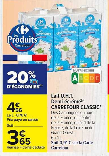 lait u.h.t. demi-écrémé carrefour classic'