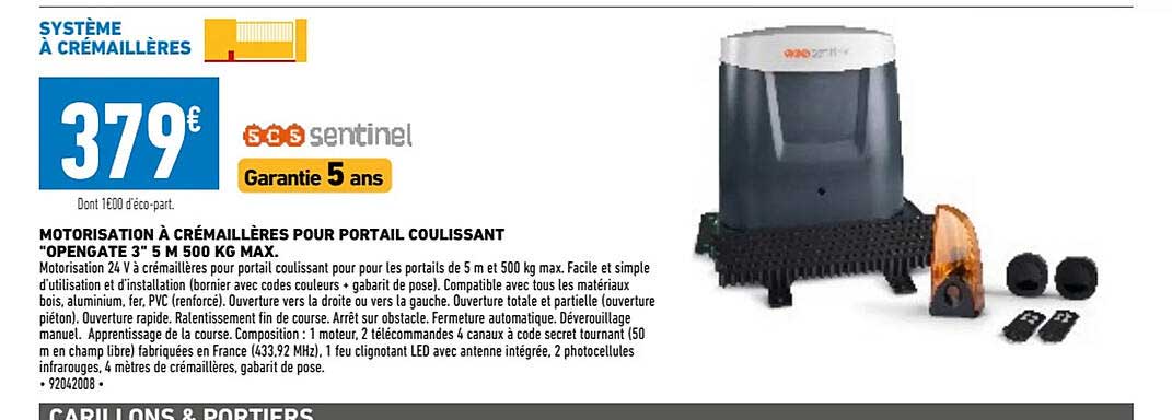 motorisation à crémaillères pour portail coulissant "opengate 3" 5 m 500 kg max scs sentinel
