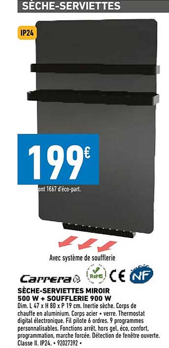 sèche-serviettes miroir 500w + soufflerie 900w carrera