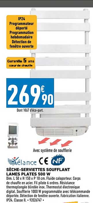 sèche-serviettes soufflant lames plates 500w