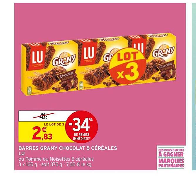 barres grany chocolat 5 céréales lu -34% de remise immédiate