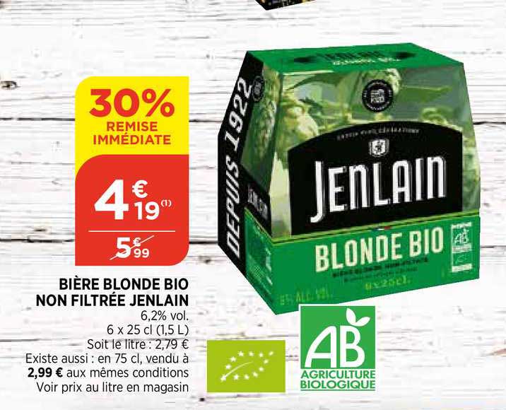 bière blonde bio non filtrée jenlain 30% de remise immédiate
