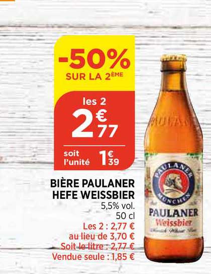 bière paulaner hefe weissbier -50% sur la 2ème
