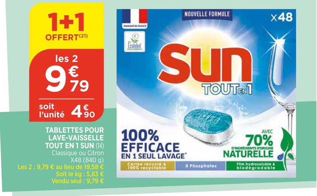 tablettes pour lave vaisselle tout en 1 sun 1+1 offert