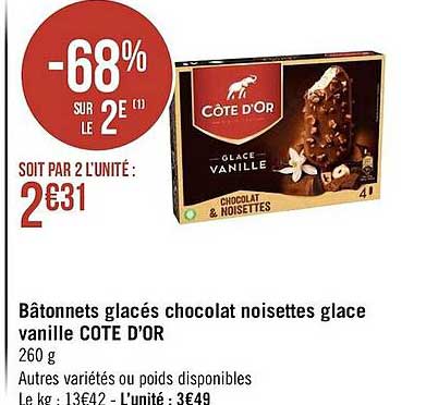 Bâtonnets Glacés Chocolat Noisettes Glace Vanille Côte D'or