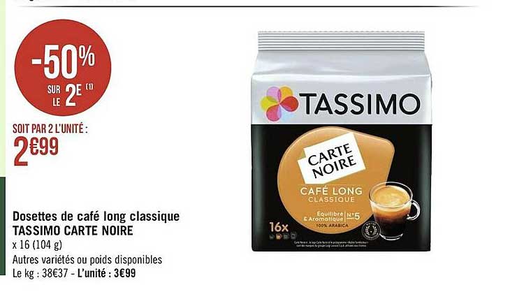 Dosettes De Café Long Classique Tassimo Carte Noire
