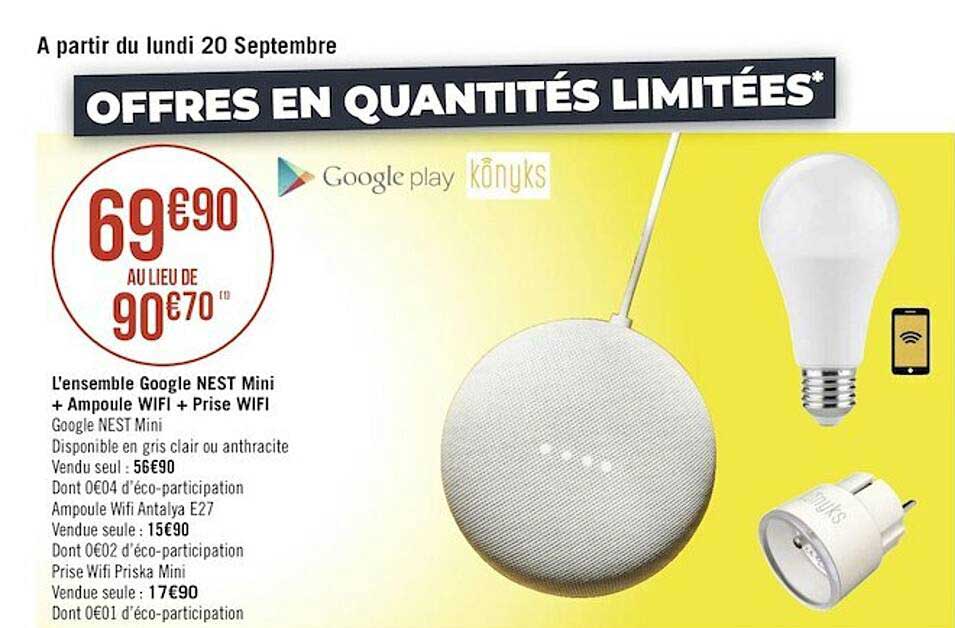 l'ensemble google nest mini + ampoule wifi + prise wifi