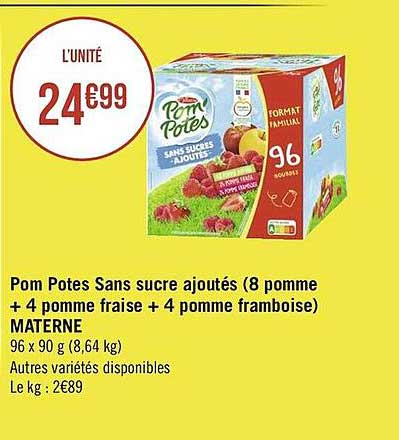 pom potes sans sucre ajoutés (8 pomme + 4 pomme fraise + 4 pomme framboise) materne