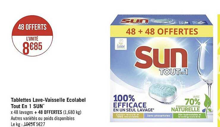 tablettes lave-vaisselle écolabel tout en 1 sun