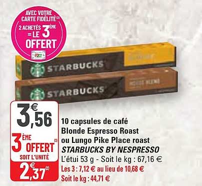 10 capsules de café blonde espresso roast ou lungo pike place roast starbucks by nespresso