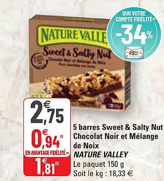 5 barres sweet & salty nut chocolat noir et mélange de noix nature valley