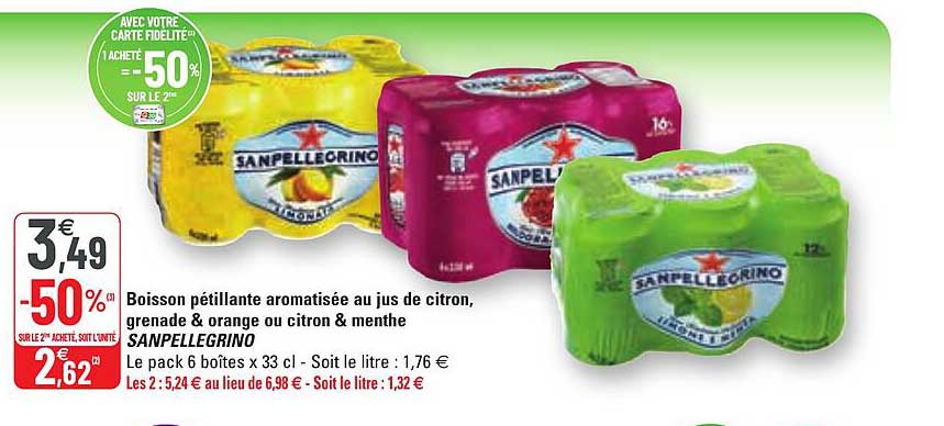 boisson pétillante aromatisée au jus de citron, grenade & orange ou citron & menthe san pellegrino