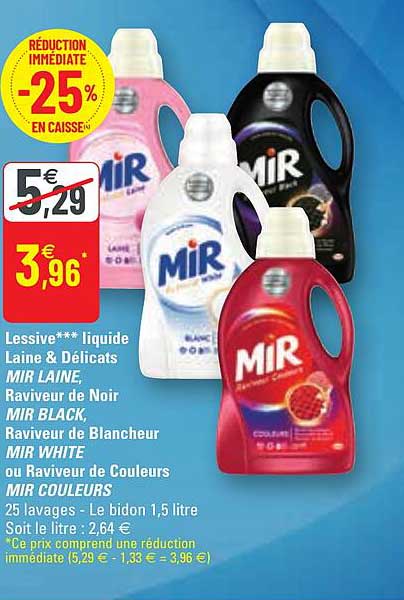 lessive liquide laine & délicats mir laine, raviveur de noir mir black, raviveur de blancheur mir white ou raviveur de couleurs mir couleurs