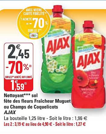 nettoyant sol fête des fleurs fraîcheur muguet ou champs de coquelicots ajax