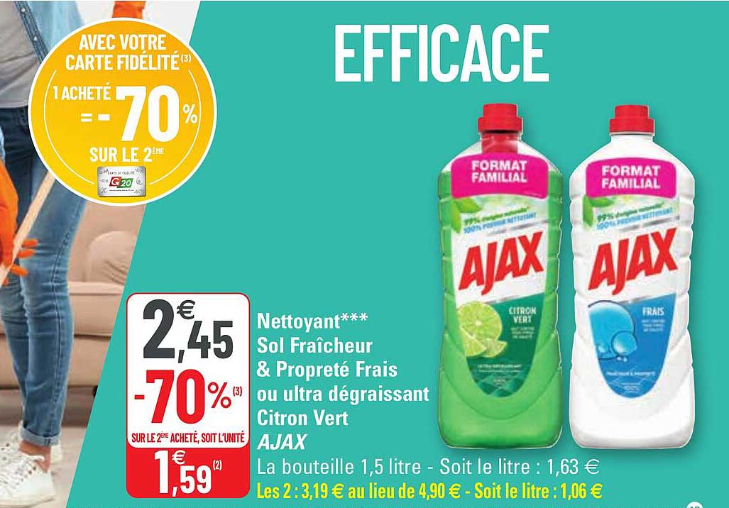 Nettoyant Sol Fraîcheur & Propreté Frais Ou Ultra Dégraissant Citron Vert Ajax
