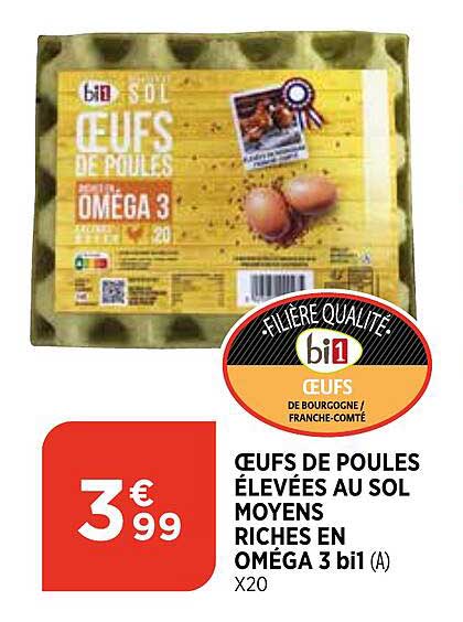oeufs de poules élevées au sol moyens riches en oméga 3 bi1