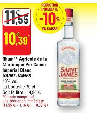 Rhum Agricole De La Martinique Pur Canne Impérial Blanc Saint James