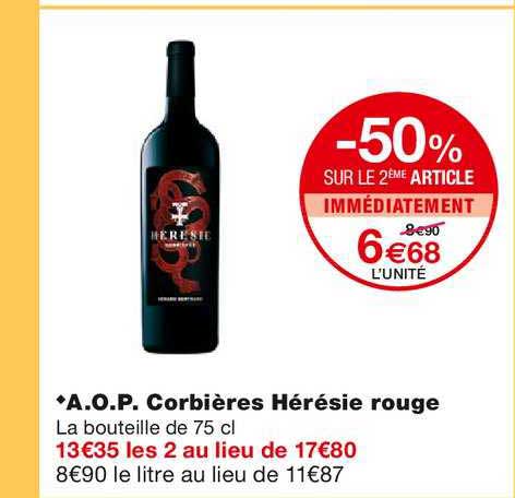 a.o.p. corbières hérésie rouge -50% sur le 2ème article immédiatement