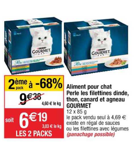 aliment pour chat perle les filettines dinde, thon, canard et agneau gourmet 2ème pack à -68%