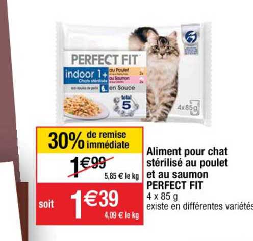 aliment pour chat stérilisé au poulet et au saumon perfect fit 30% de remise immédiate