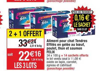 aliment pour chat tendres effilés en gelée au bœuf, poulet, thon et saumon felix 2+1 offert