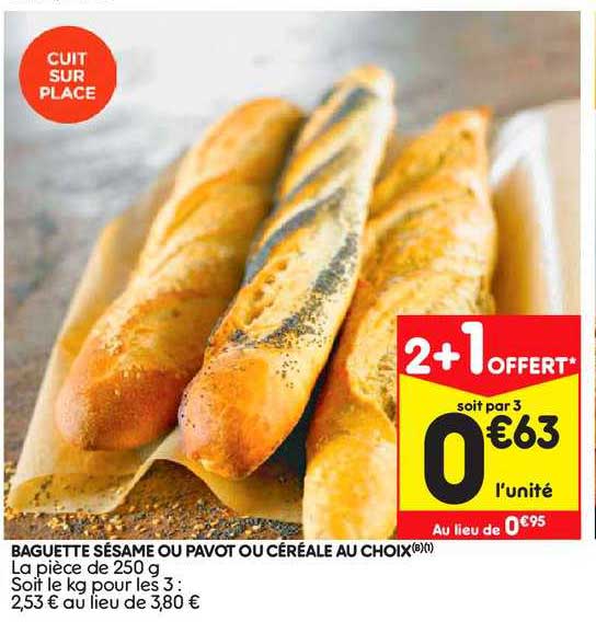 Baguette Sésame Ou Pavot Ou Céréale Au Choix 2+1 Offert