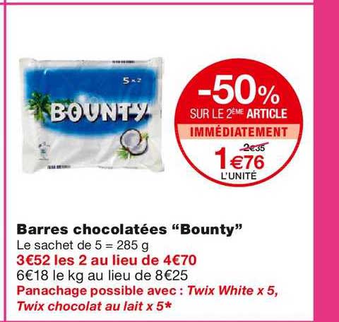 Barres Chocolatées Bounty -50% Sur Le 2ème Article Immédiatement