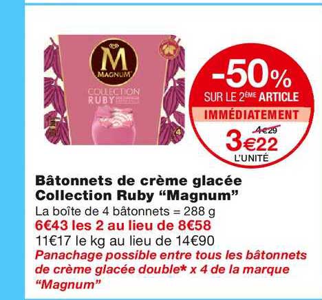 bâtonnets de crème glacée collection ruby magnum -50% sur le 2ème article immédiatement