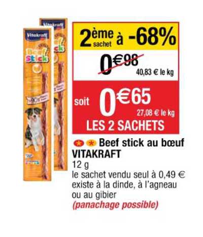 beef stick au bœuf vitakraft 2ème sachet à -68%