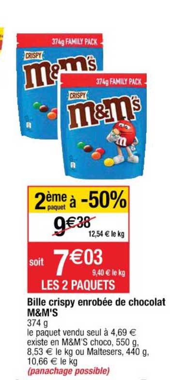 bille crispy enrobée de chocolat m&m's 2ème paquet à -50%