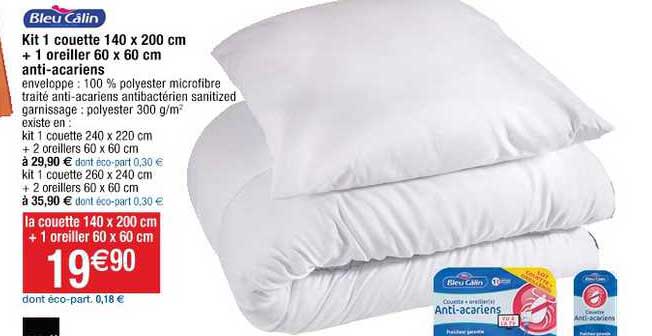bleu câlin kit 1 couette 140x200 cm + 1 oreiller 60x60 cm anti acariens