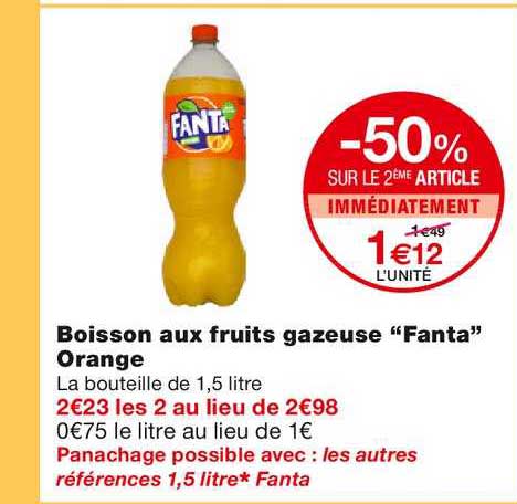 boisson aux fruits gazeuse fanta orange -50% sur le 2ème article immédiatement