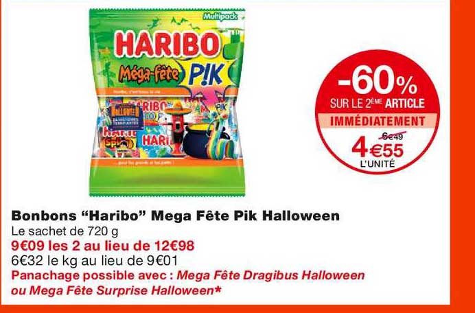 bonbons haribo mega fête pik halloween -60% sur le 2ème article immédiatement