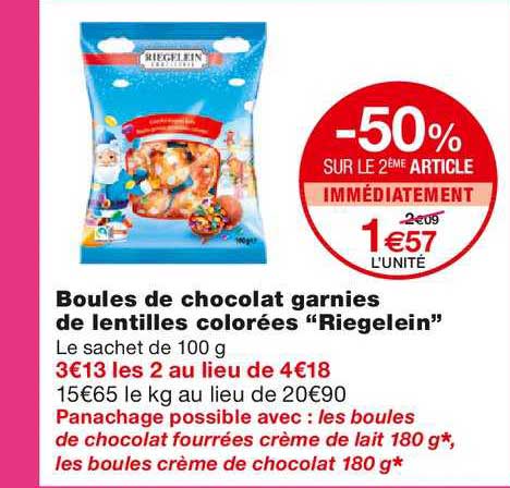 boules de chocolat garnies de lentilles colorées riegelein -50% sur le 2ème article immédiatement