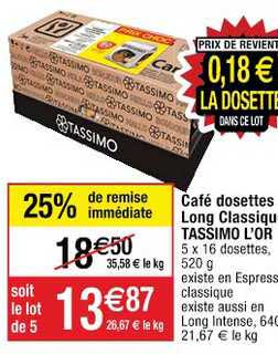 Café Dosettes Long Classique Tassimo L'or 25% De Remise Immédiate