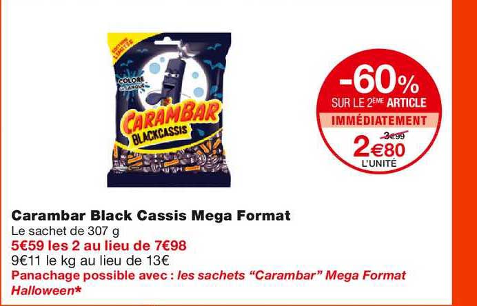 carambar black cassis mega format -60% sur le 2ème article immédiatement