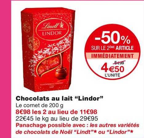 chocolats au lait lindor -50% sur le 2ème article immédiatement
