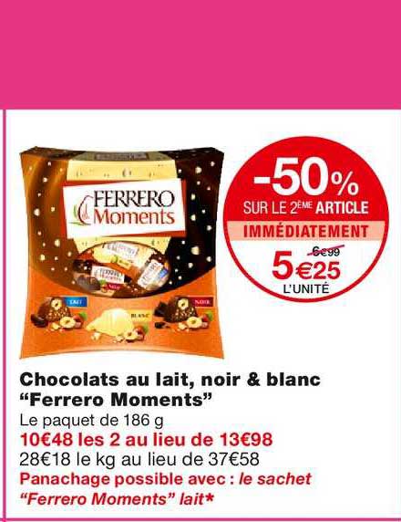 chocolats au lait noir & blanc ferrero moments -50% sur le 2ème article immédiatement