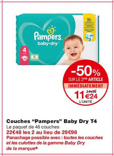 couches pampers baby dry t4 -50% sur le 2ème article immédiatement