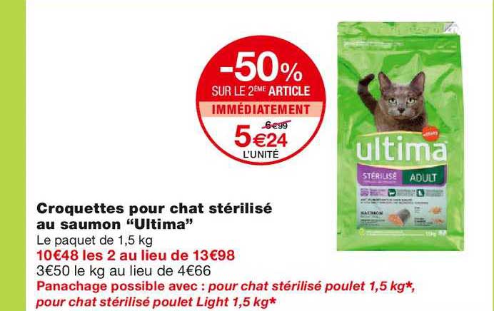 croquettes pour chat stérilisé au saumon ultima -50% sur le 2ème article immédiatement