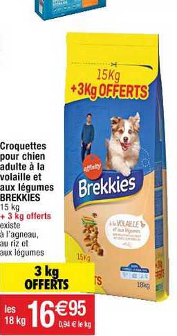 croquettes pour chien adulte à la volaille et aux légumes brekkies 3kg offerts