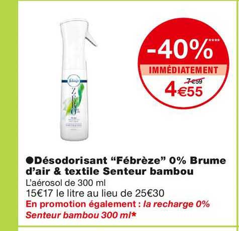 désodorisant fébrèze 0% brume d'air & textile senteur bambou