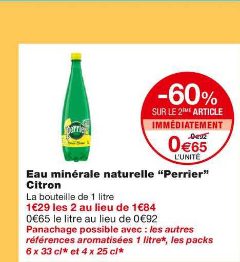 eau minérale naturelle perrier citron -60% sur le 2ème article immédiatement
