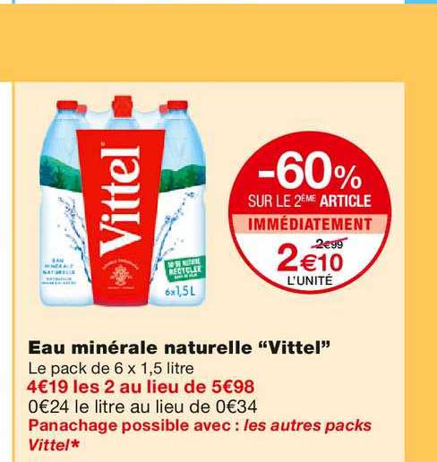eau minérale naturelle vittel -60% sur le 2ème article immédiatement